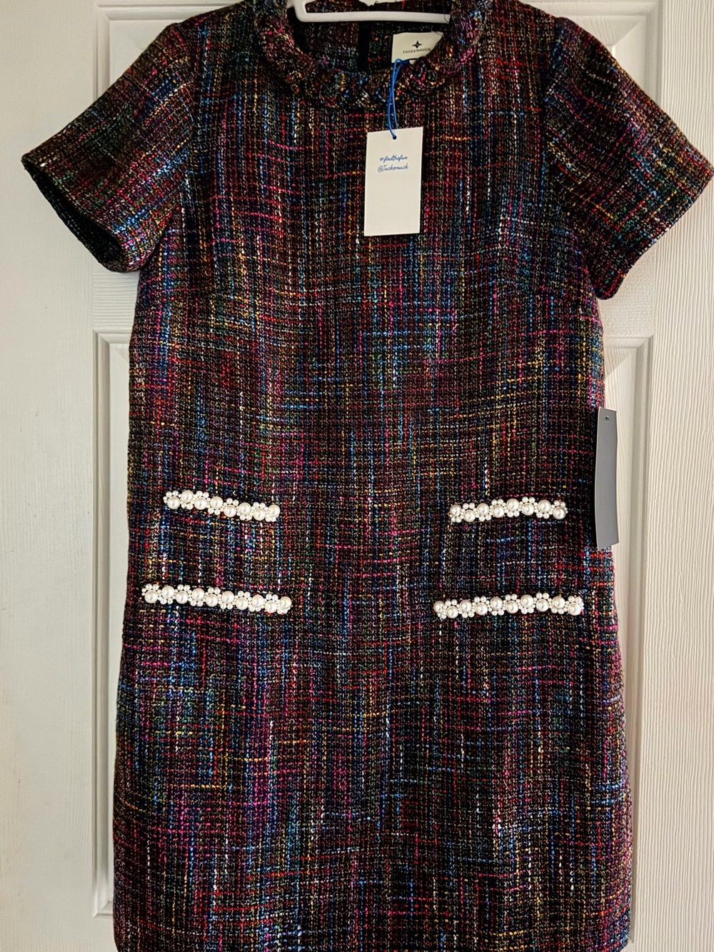 Tuckernuck Jackie Multi Color Tweed Shift Dress Pearl-Trim Pockets Medium NWT